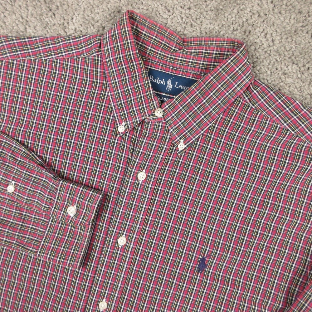 Polo Ralph Lauren Shirt Mens Large Red Plaid Classic Fit Oxford Pony Button Up